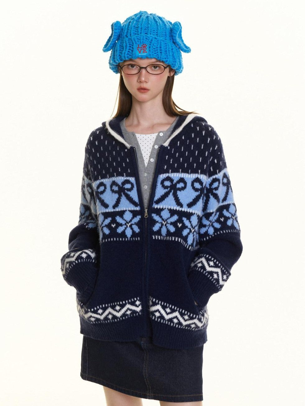 BETWEENAND Navy Fair Isle Jacquard Bow Embroidery Women&