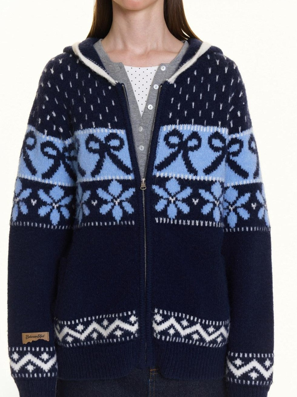 BETWEENAND Navy Fair Isle Jacquard Bow Embroidery Women&
