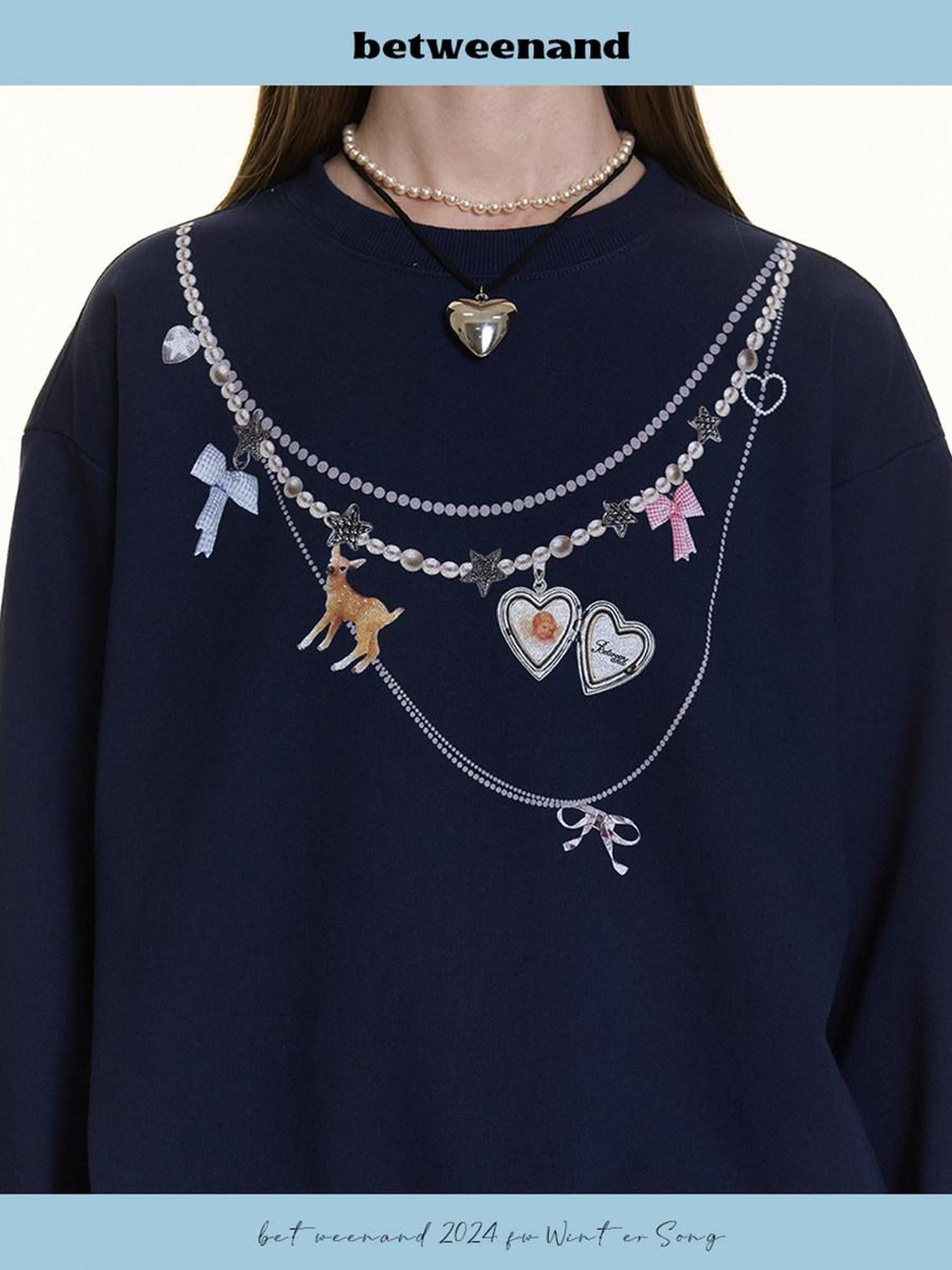 BETWEENAND Navy Pearl Necklace Print Women&
