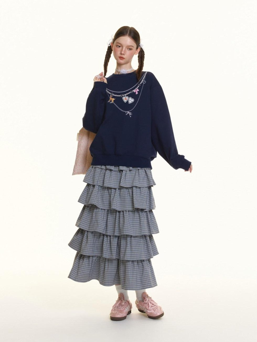 BETWEENAND Navy Pearl Necklace Print Women&