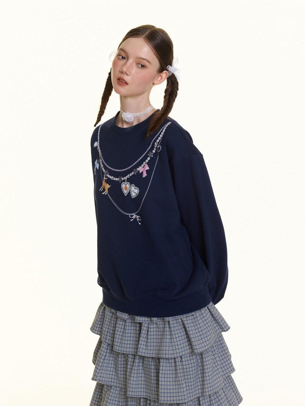 BETWEENAND Navy Pearl Necklace Print Women&