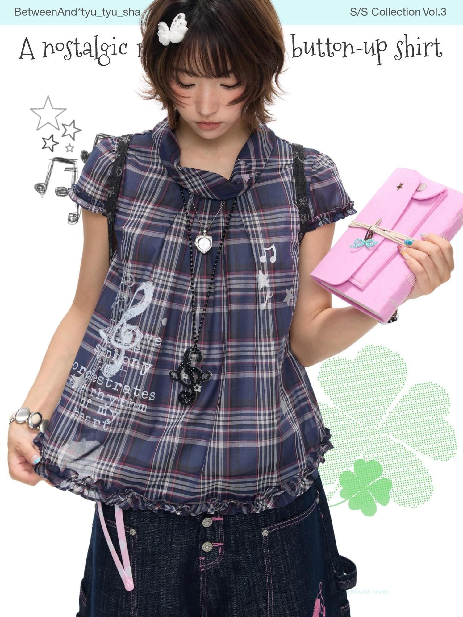 BETWEENAND Navy Plaid Musical Note Lapel Cap Sleeve Women&