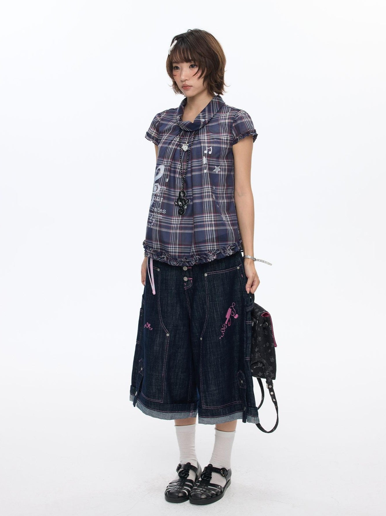 BETWEENAND Navy Plaid Musical Note Lapel Cap Sleeve Women&