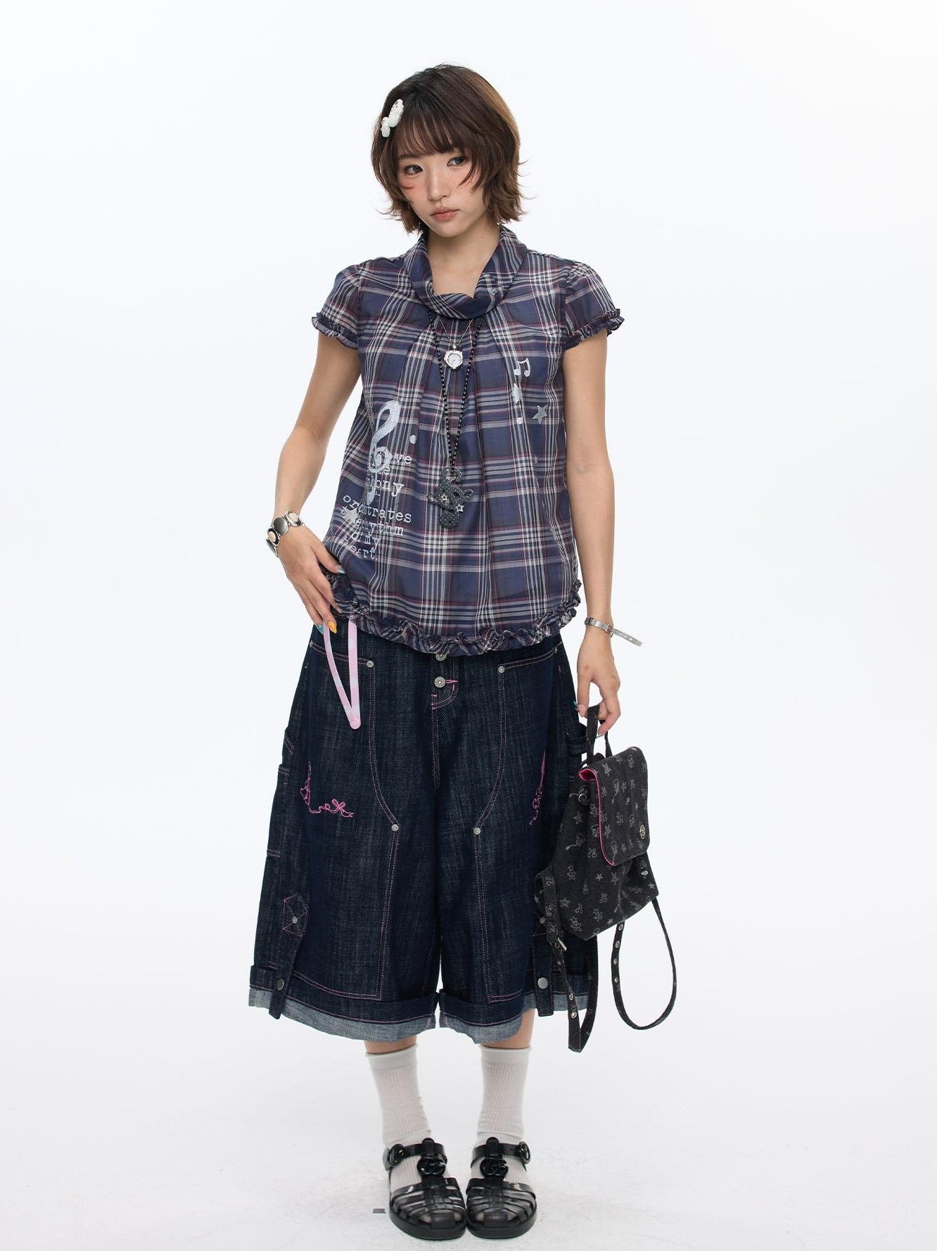 BETWEENAND Navy Plaid Musical Note Lapel Cap Sleeve Women&