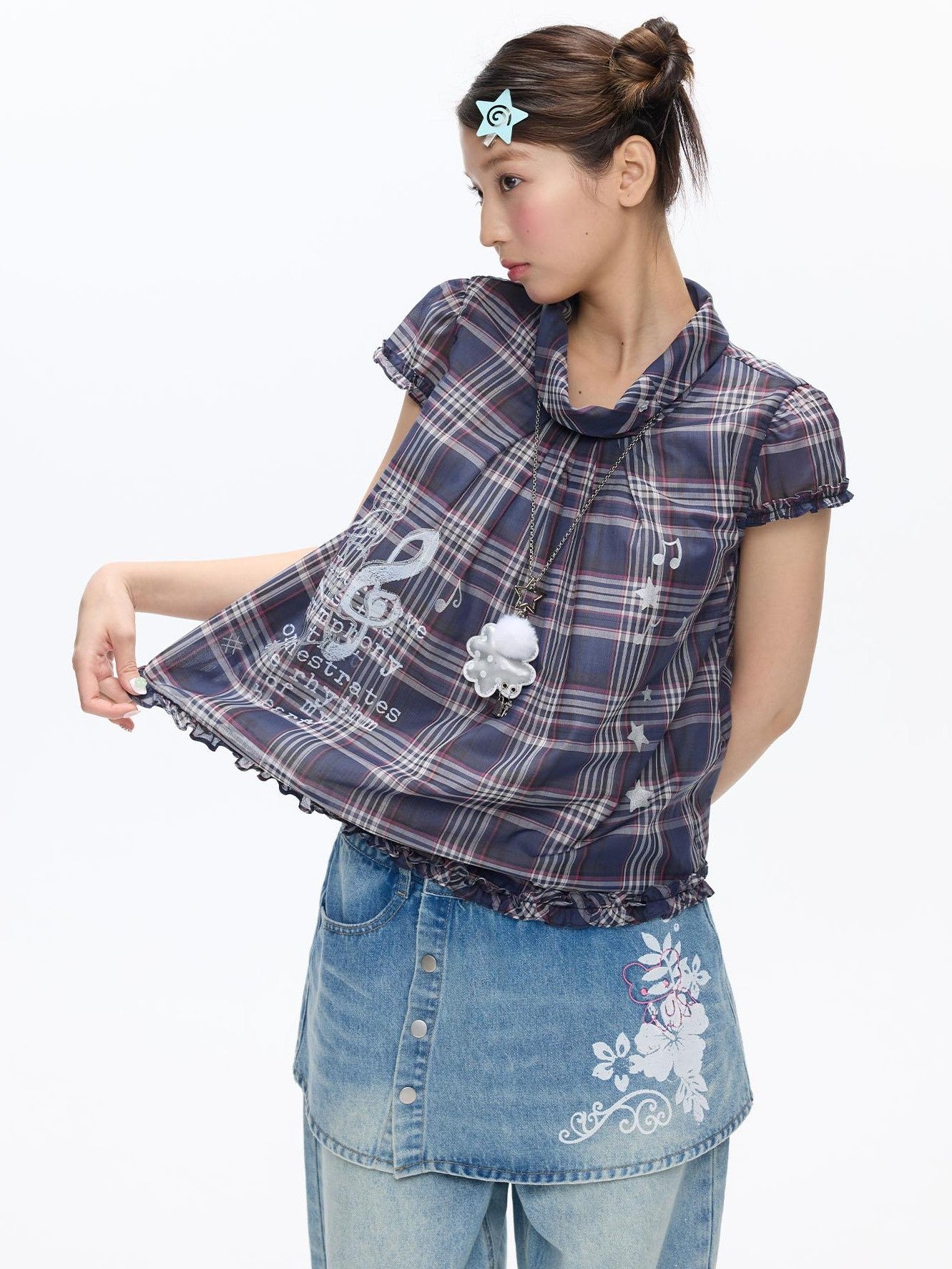 BETWEENAND Navy Plaid Musical Note Lapel Cap Sleeve Women&