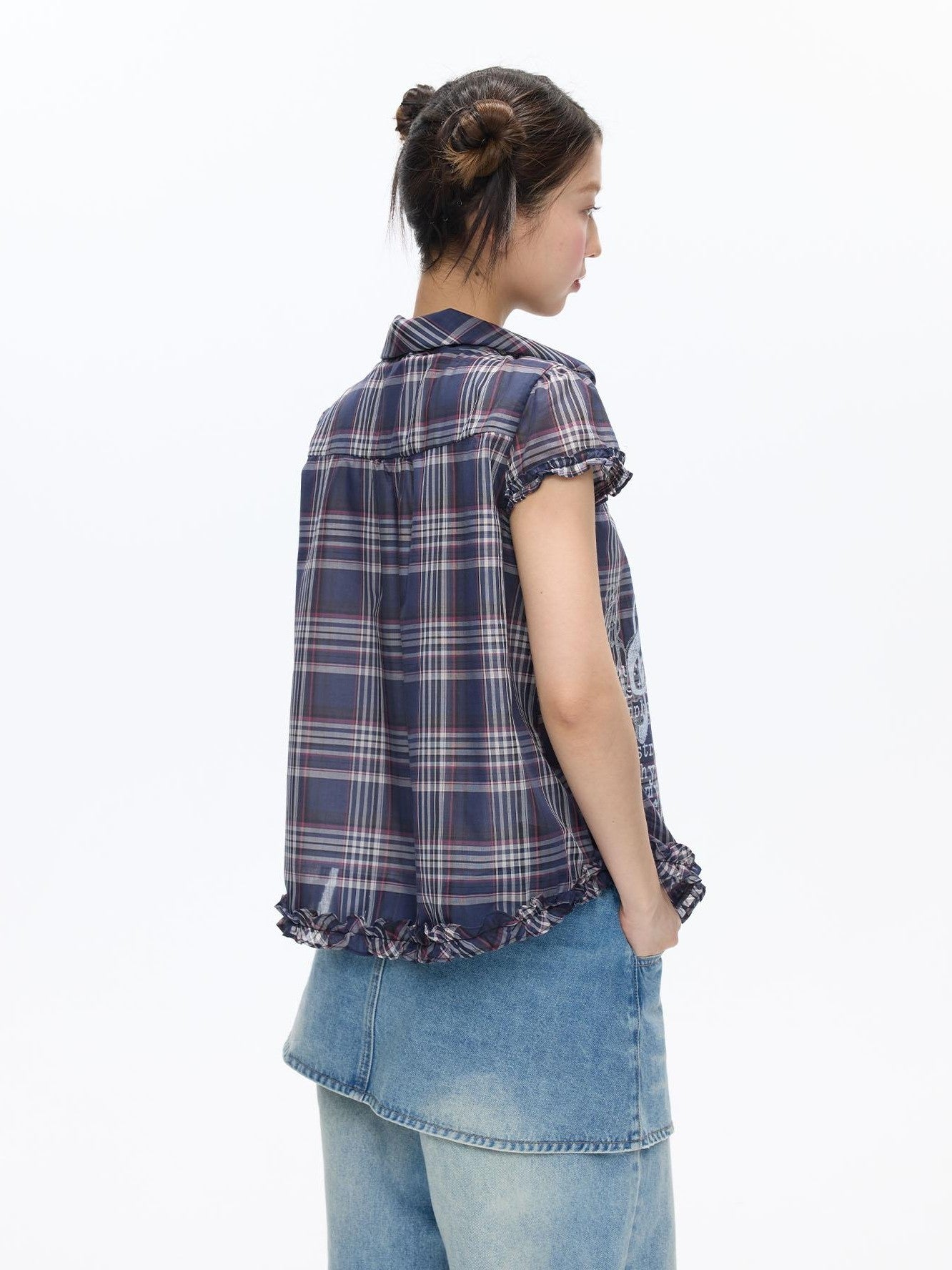 BETWEENAND Navy Plaid Musical Note Lapel Cap Sleeve Women&