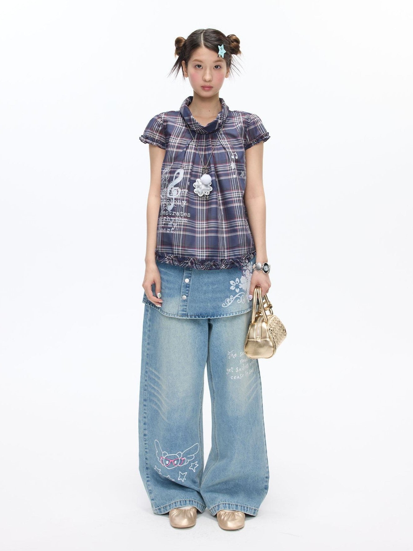 BETWEENAND Navy Plaid Musical Note Lapel Cap Sleeve Women&