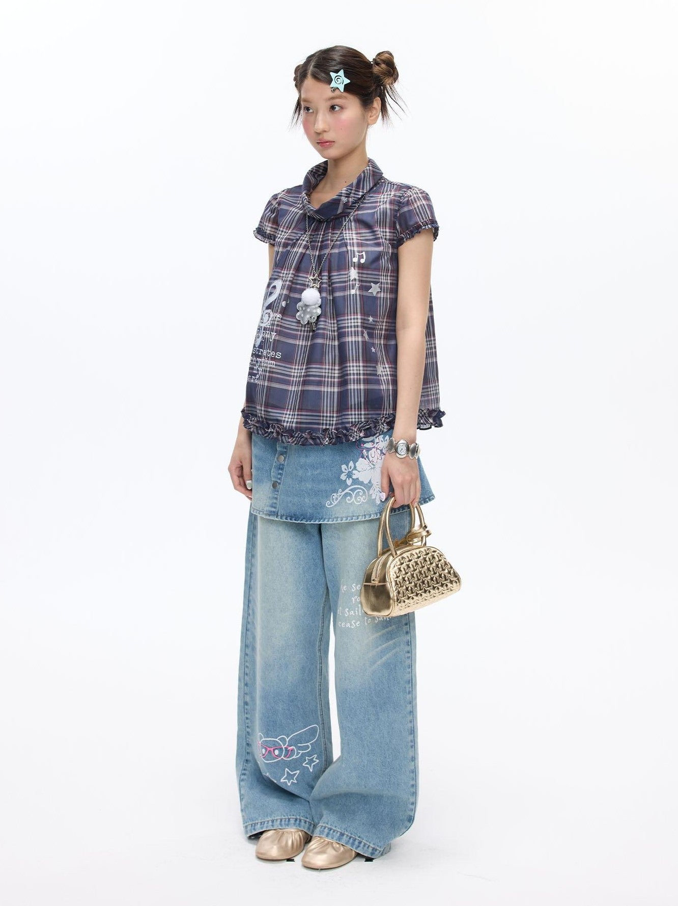 BETWEENAND Navy Plaid Musical Note Lapel Cap Sleeve Women&