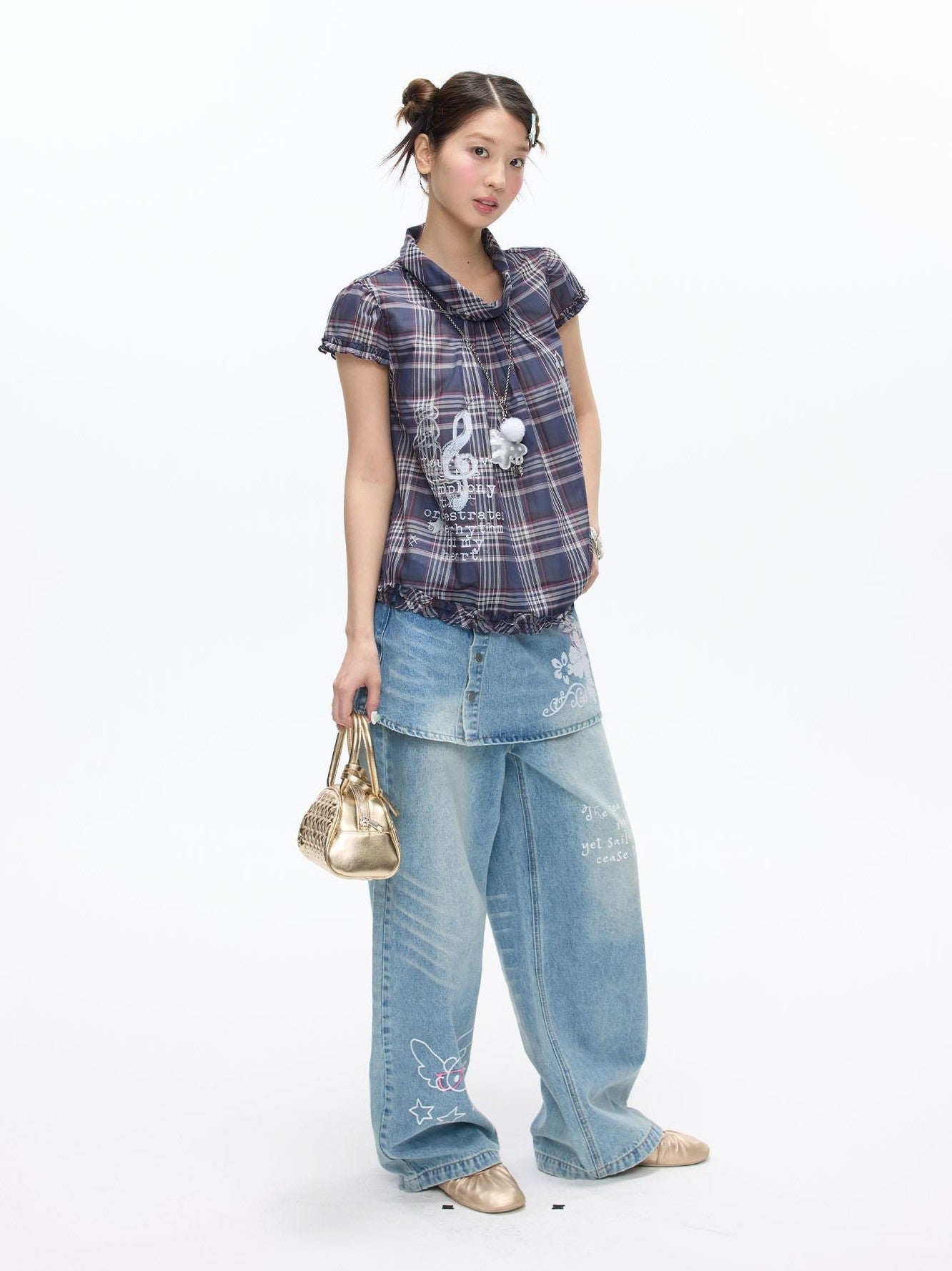 BETWEENAND Navy Plaid Musical Note Lapel Cap Sleeve Women&