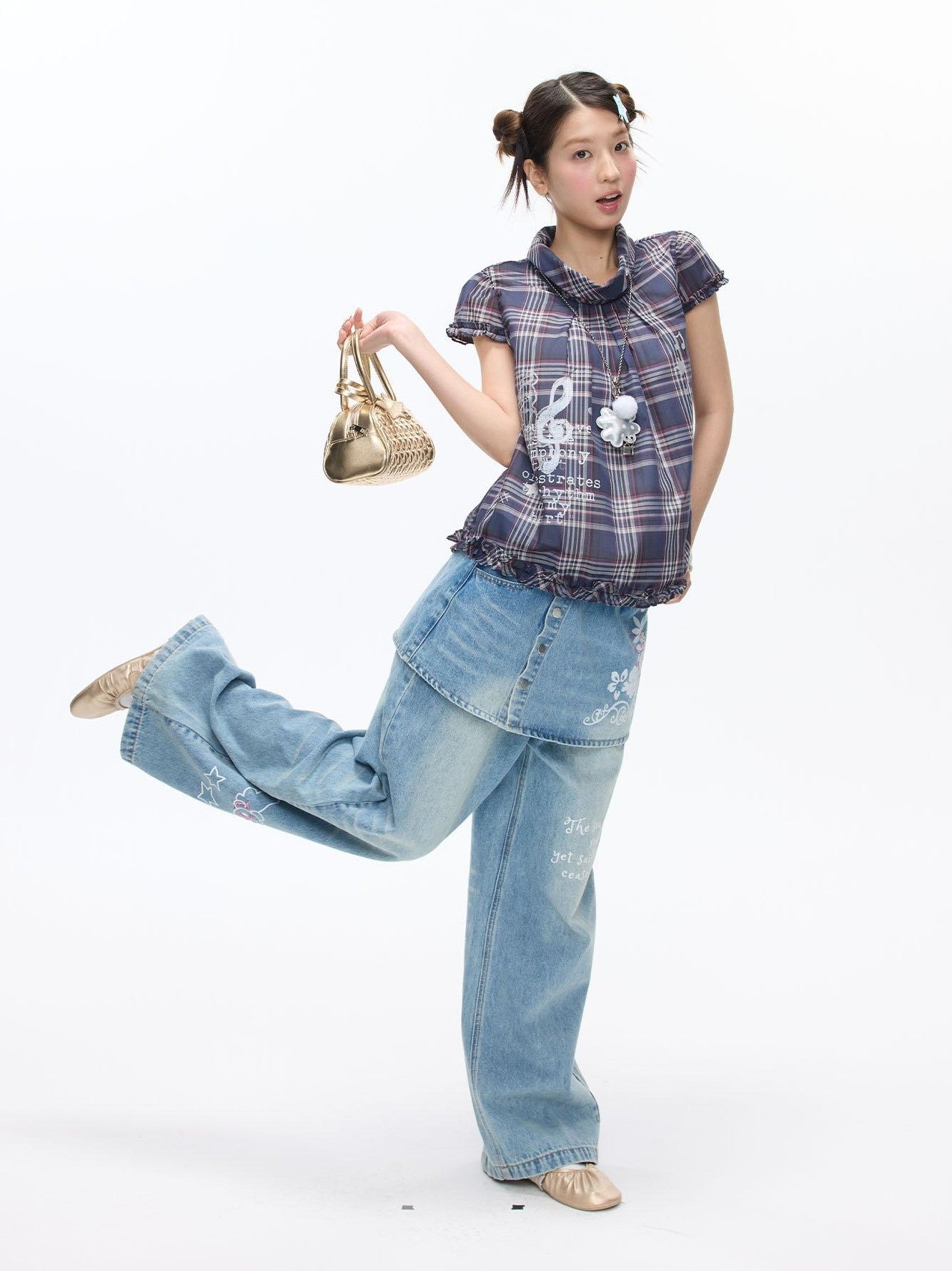 BETWEENAND Navy Plaid Musical Note Lapel Cap Sleeve Women&