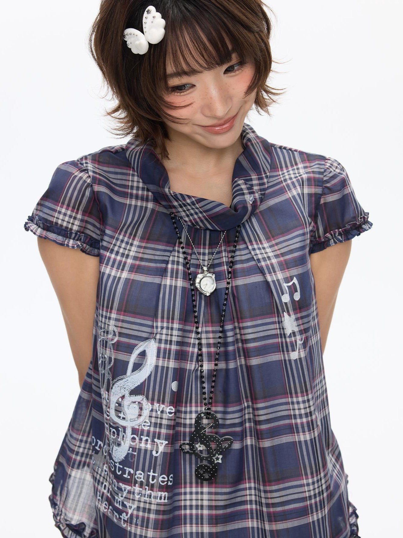 BETWEENAND Navy Plaid Musical Note Lapel Cap Sleeve Women&