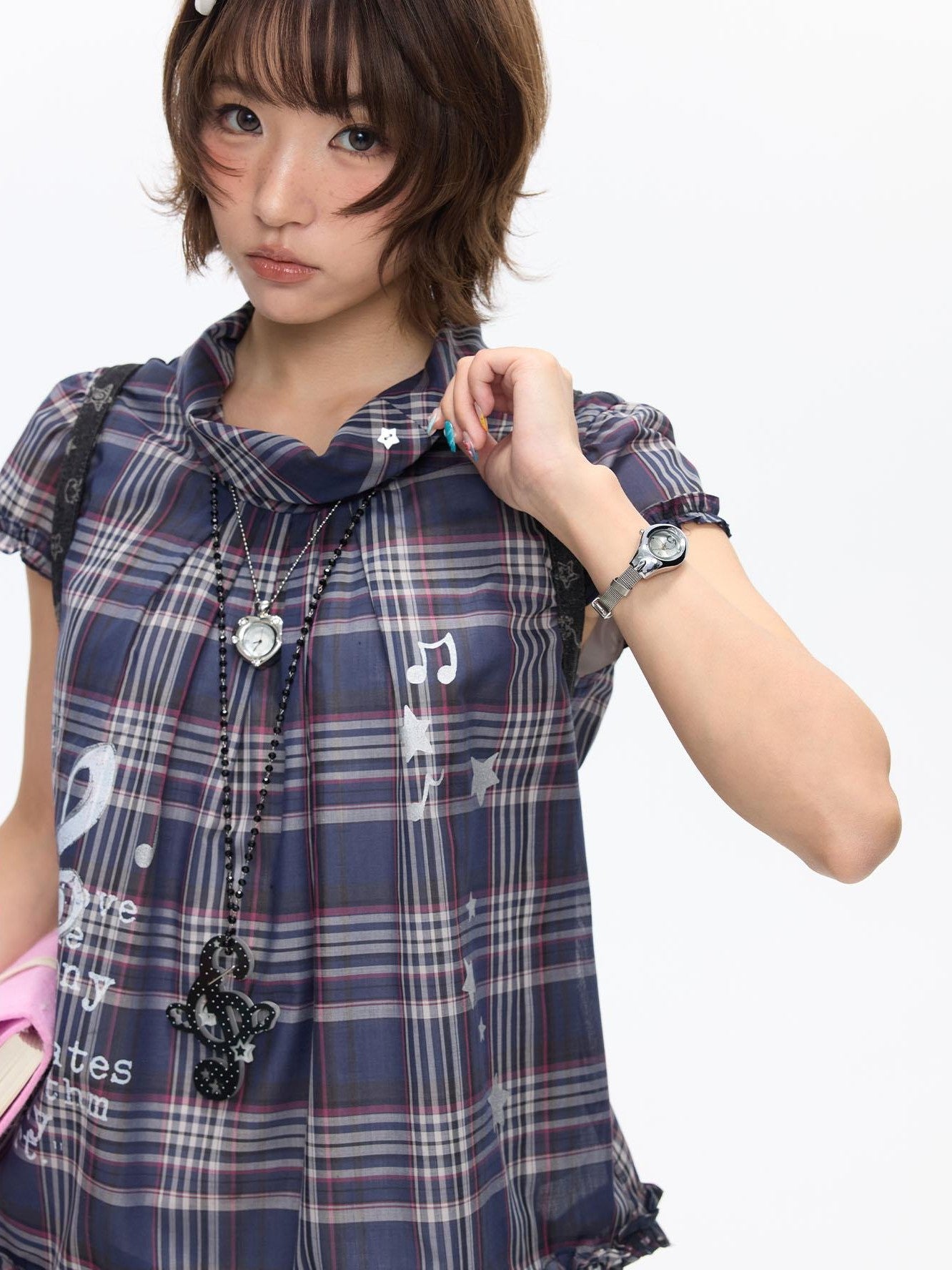 BETWEENAND Navy Plaid Musical Note Lapel Cap Sleeve Women&