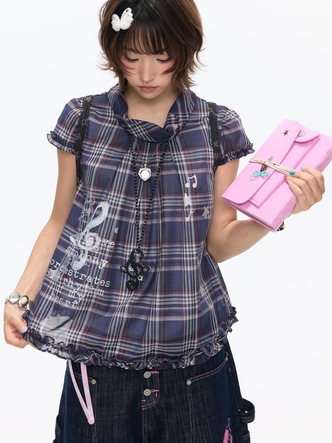 BETWEENAND Navy Plaid Musical Note Lapel Cap Sleeve Women&
