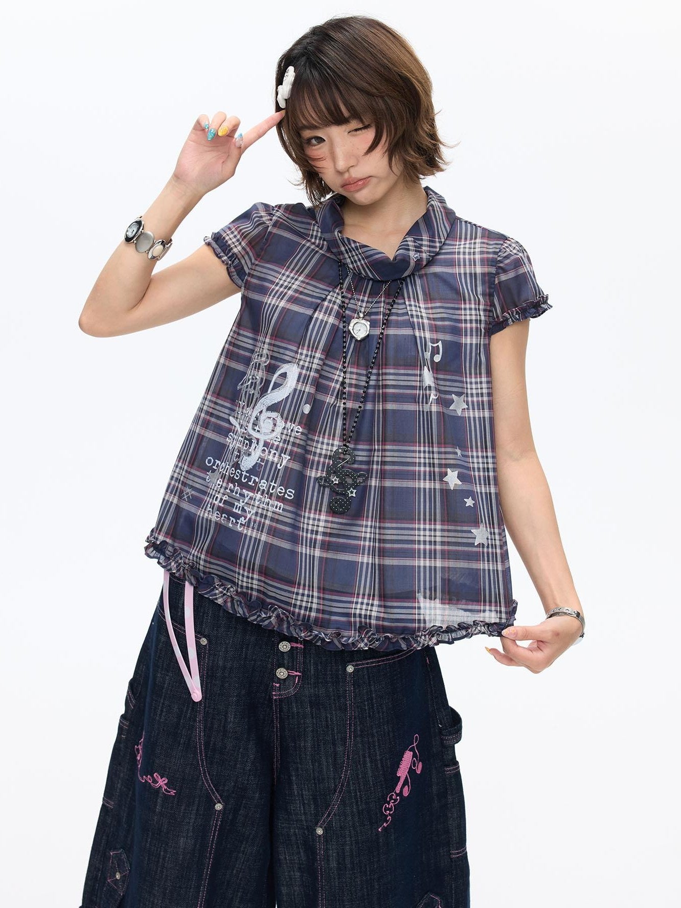 BETWEENAND Navy Plaid Musical Note Lapel Cap Sleeve Women&