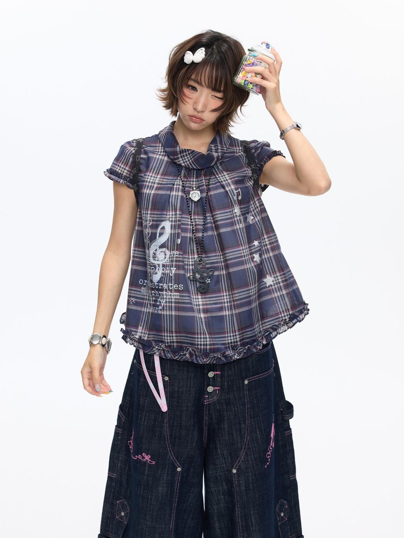 BETWEENAND Navy Plaid Musical Note Lapel Cap Sleeve Women&
