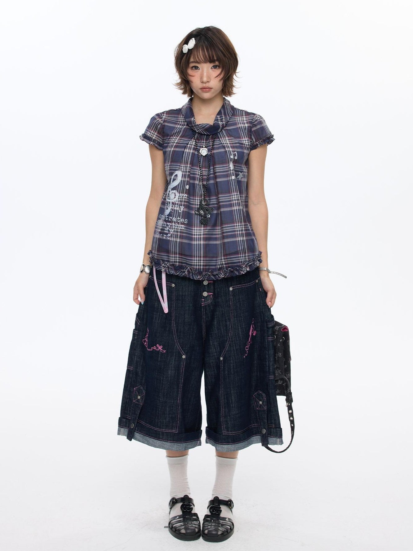 BETWEENAND Navy Plaid Musical Note Lapel Cap Sleeve Women&
