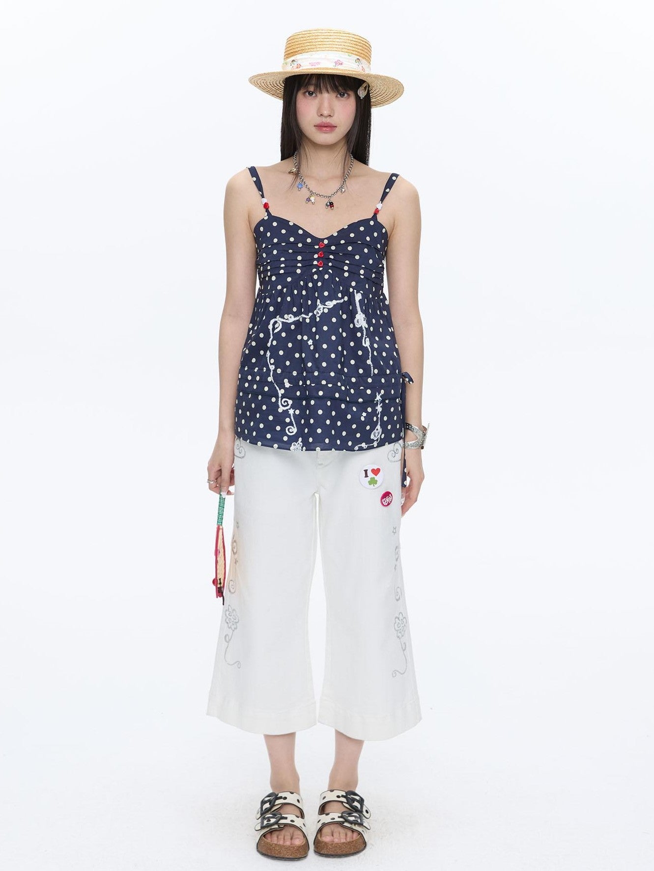 BETWEENAND Navy Polka Dot Heart Beaded Strappy Women&