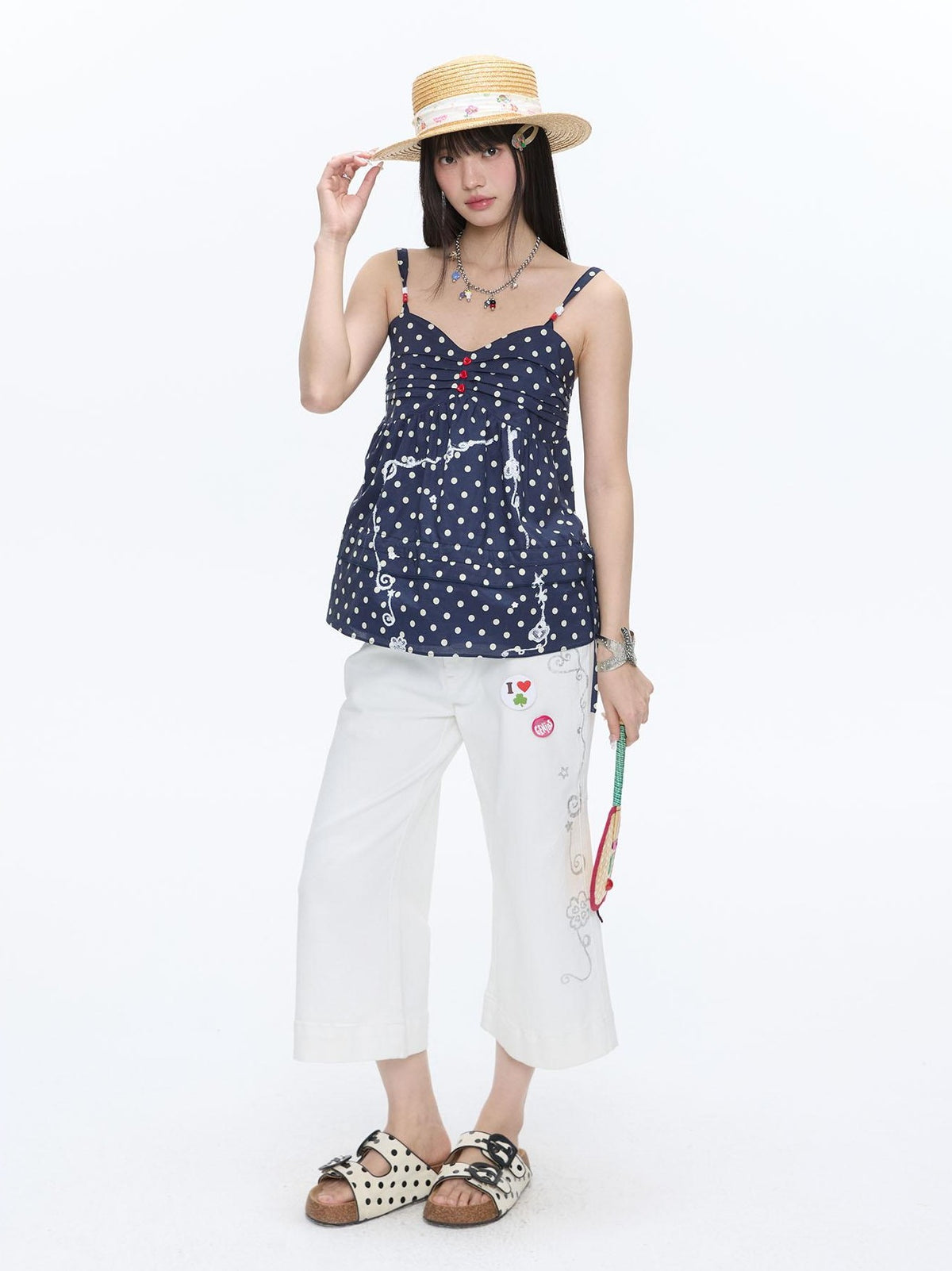 BETWEENAND Navy Polka Dot Heart Beaded Strappy Women&