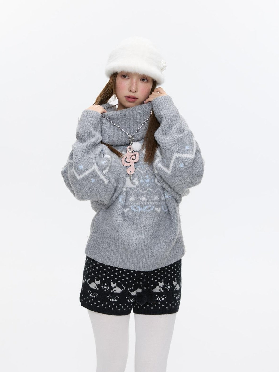 BETWEENAND Nordic Jacquard Turn Down Collar Women&