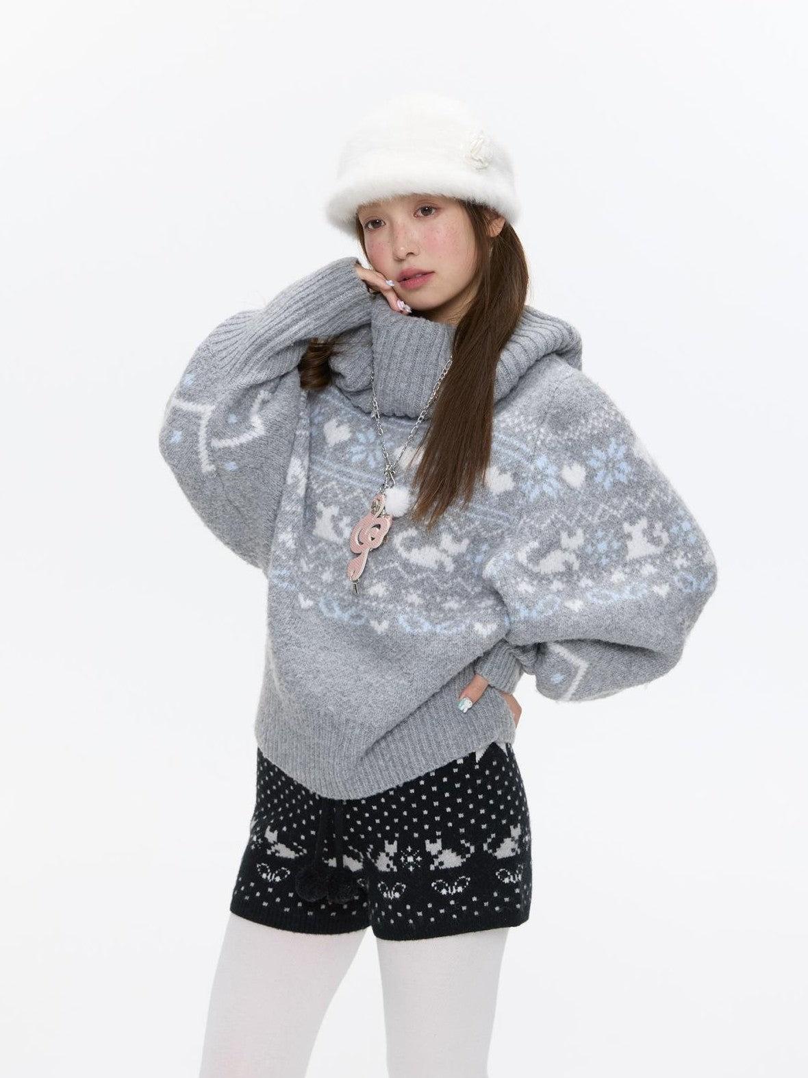BETWEENAND Nordic Jacquard Turn Down Collar Women&