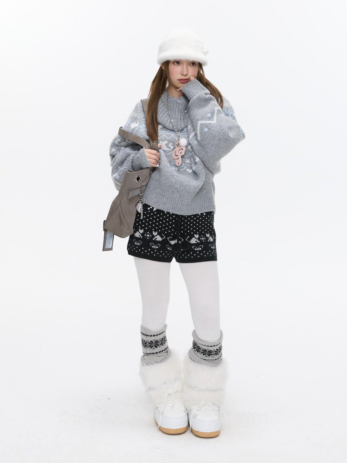 BETWEENAND Nordic Jacquard Turn Down Collar Women&