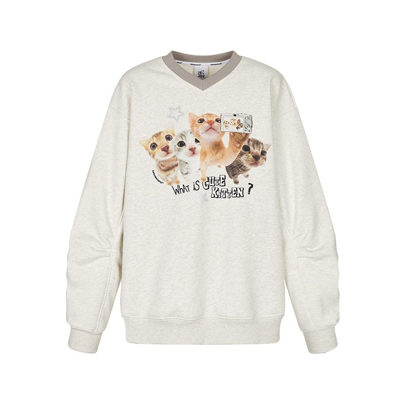 BETWEENAND_Oatmeal_Gray_Kitten_Selfie_Print_V-neck_Women&