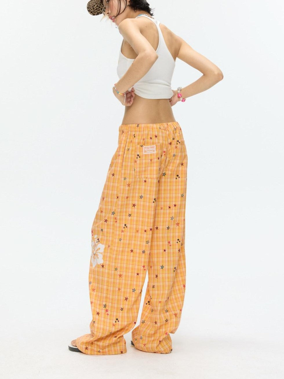 BETWEENAND Orange Stars Hibiscus Plaid Lightweight Women&