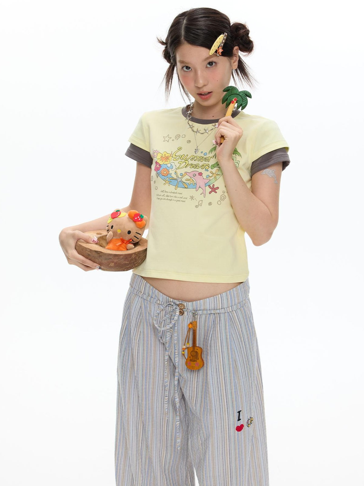 BETWEENAND Pale Yellow Polka Dot Colorblock Crewneck Women&