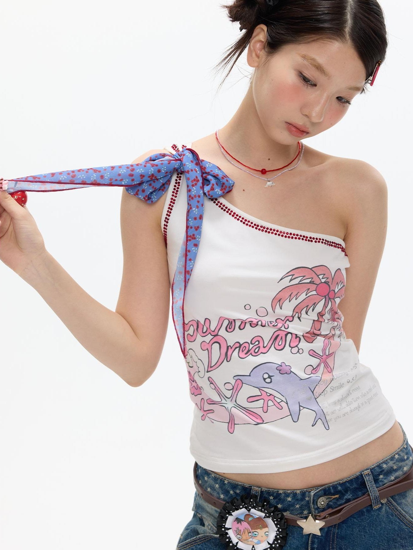 BETWEENAND Palm Dolphin Scarf Tie Asymmetric Shoulder Women&