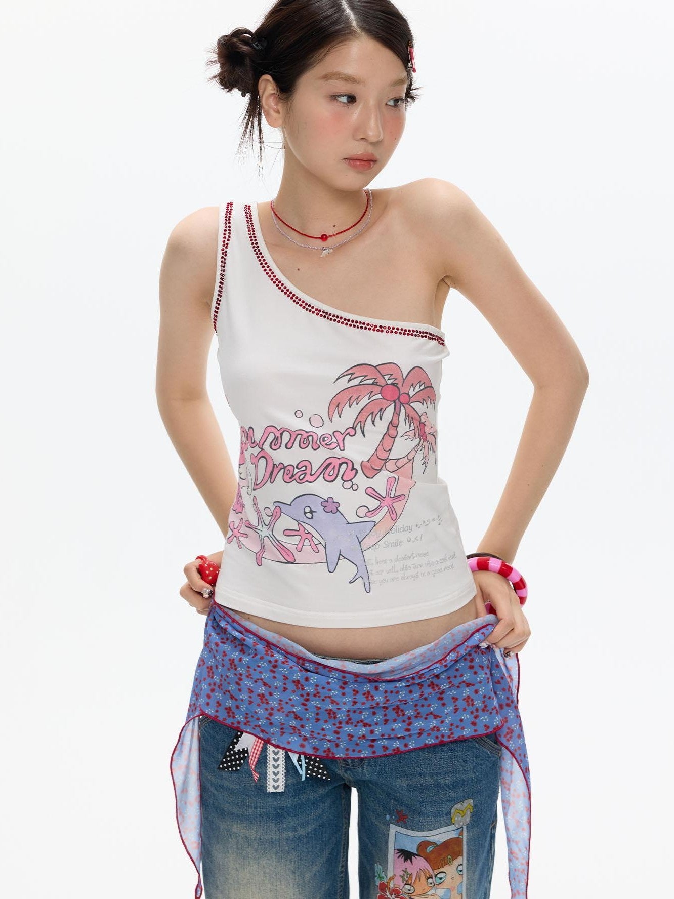 BETWEENAND Palm Dolphin Scarf Tie Asymmetric Shoulder Women&