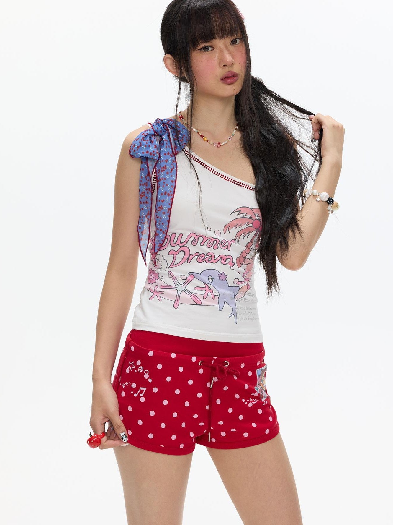 BETWEENAND Palm Dolphin Scarf Tie Asymmetric Shoulder Women&