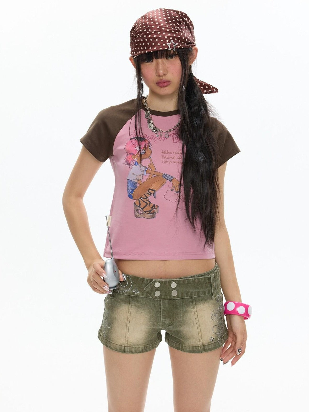 BETWEENAND Pink Brown Printed Colorblock Raglan Women&