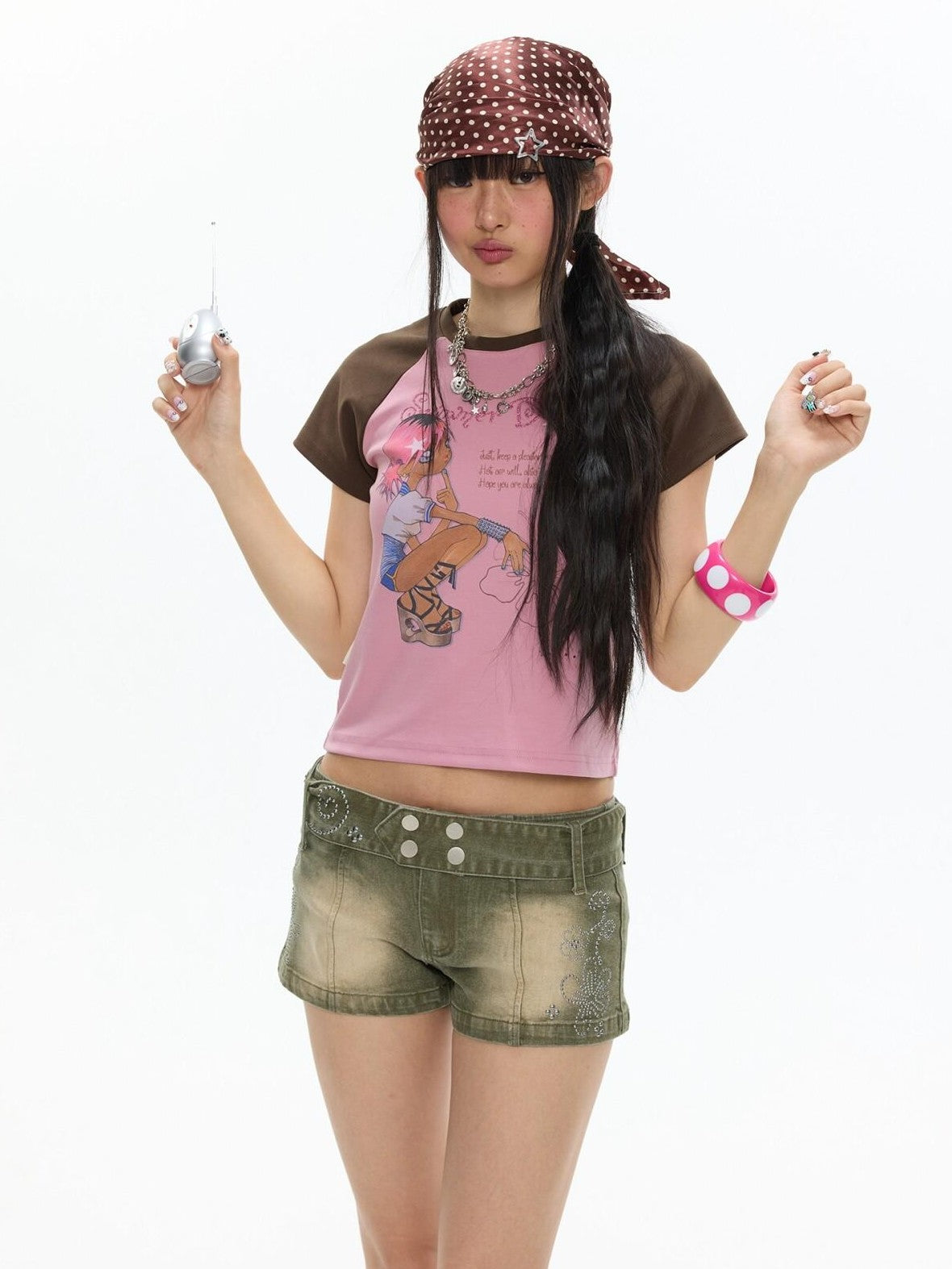 BETWEENAND Pink Brown Printed Colorblock Raglan Women&
