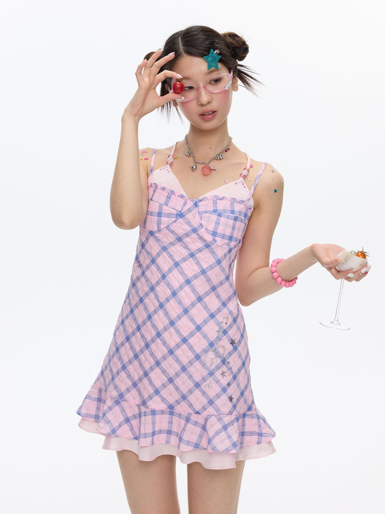 BETWEENAND Pink Heart Lock Plaid Rhinestone Women&