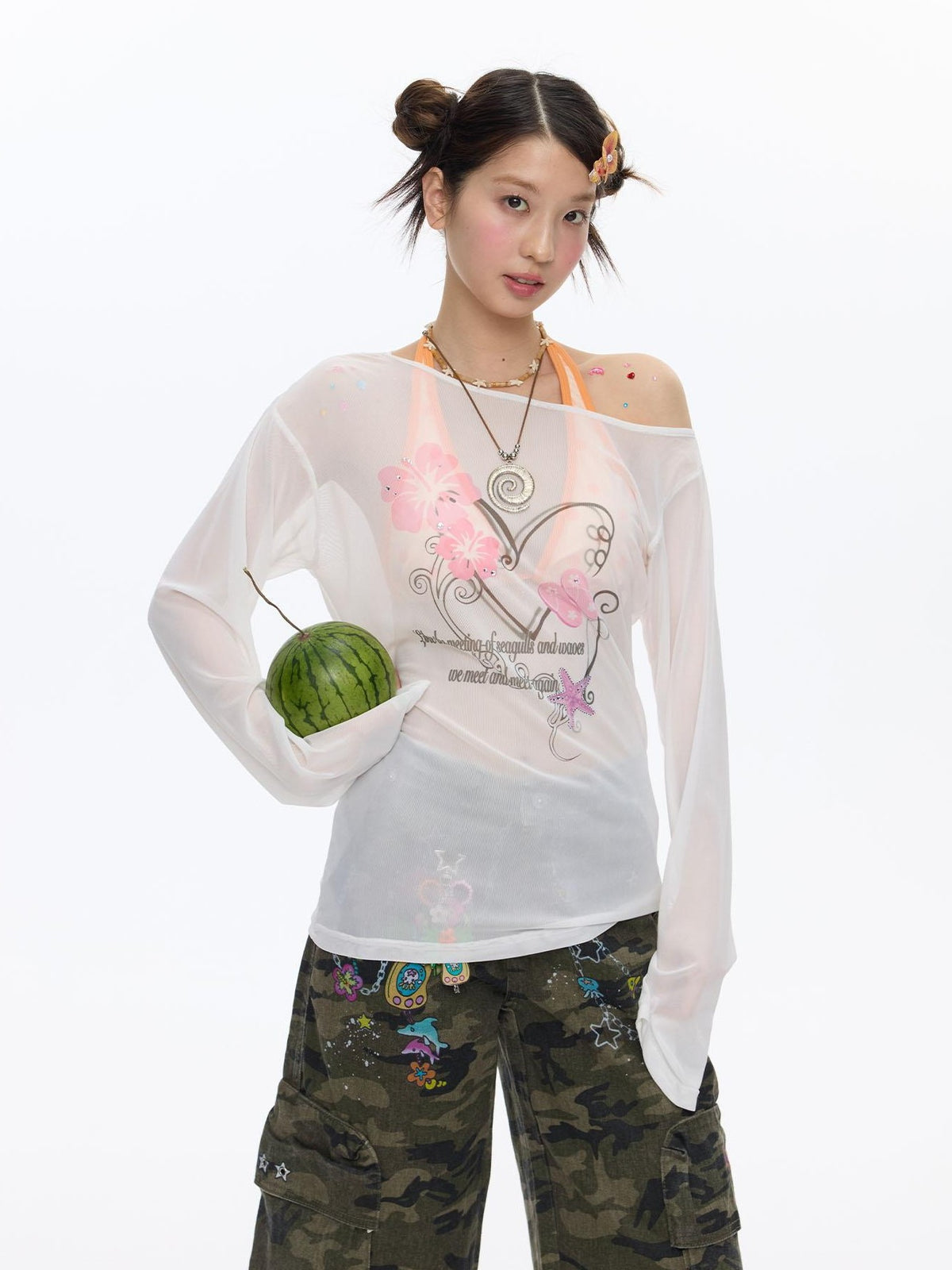 BETWEENAND Pink Wave Floral Asymmetric Printed Women&