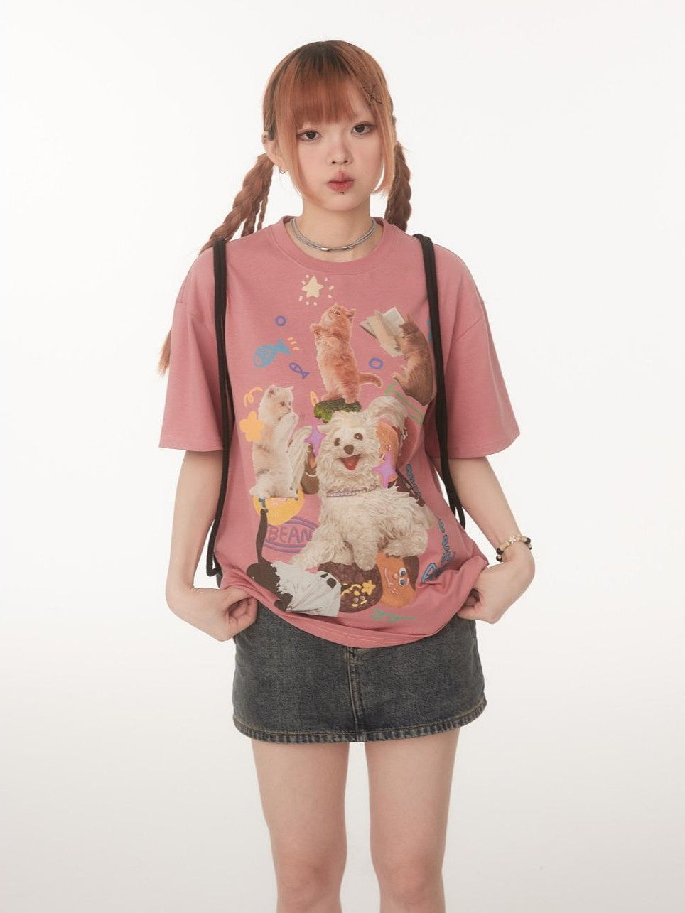 BETWEENAND Playful Cat Dog Print Creative Round Neck Women&
