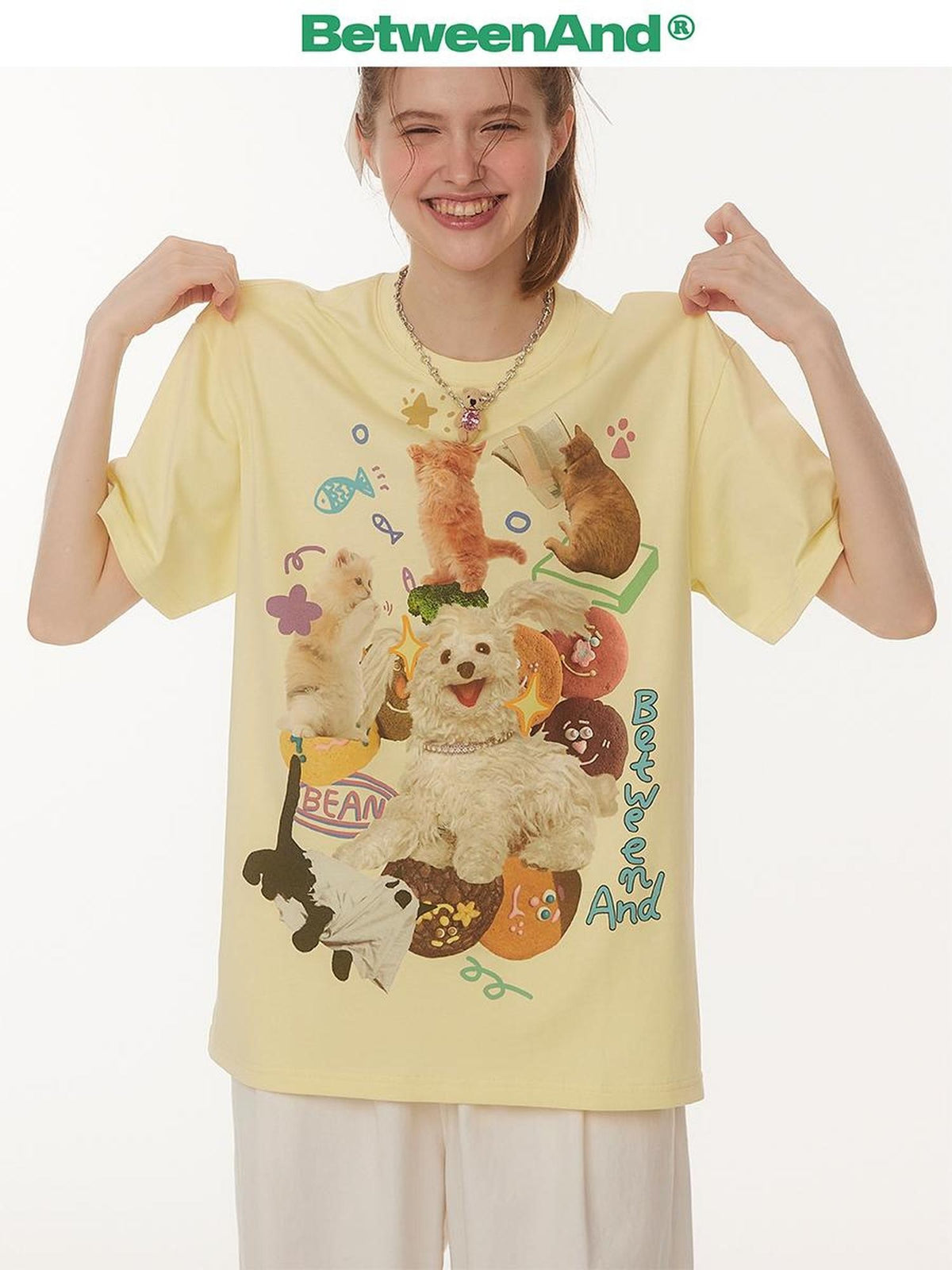 BETWEENAND Playful Cat Dog Print Creative Round Neck Women&