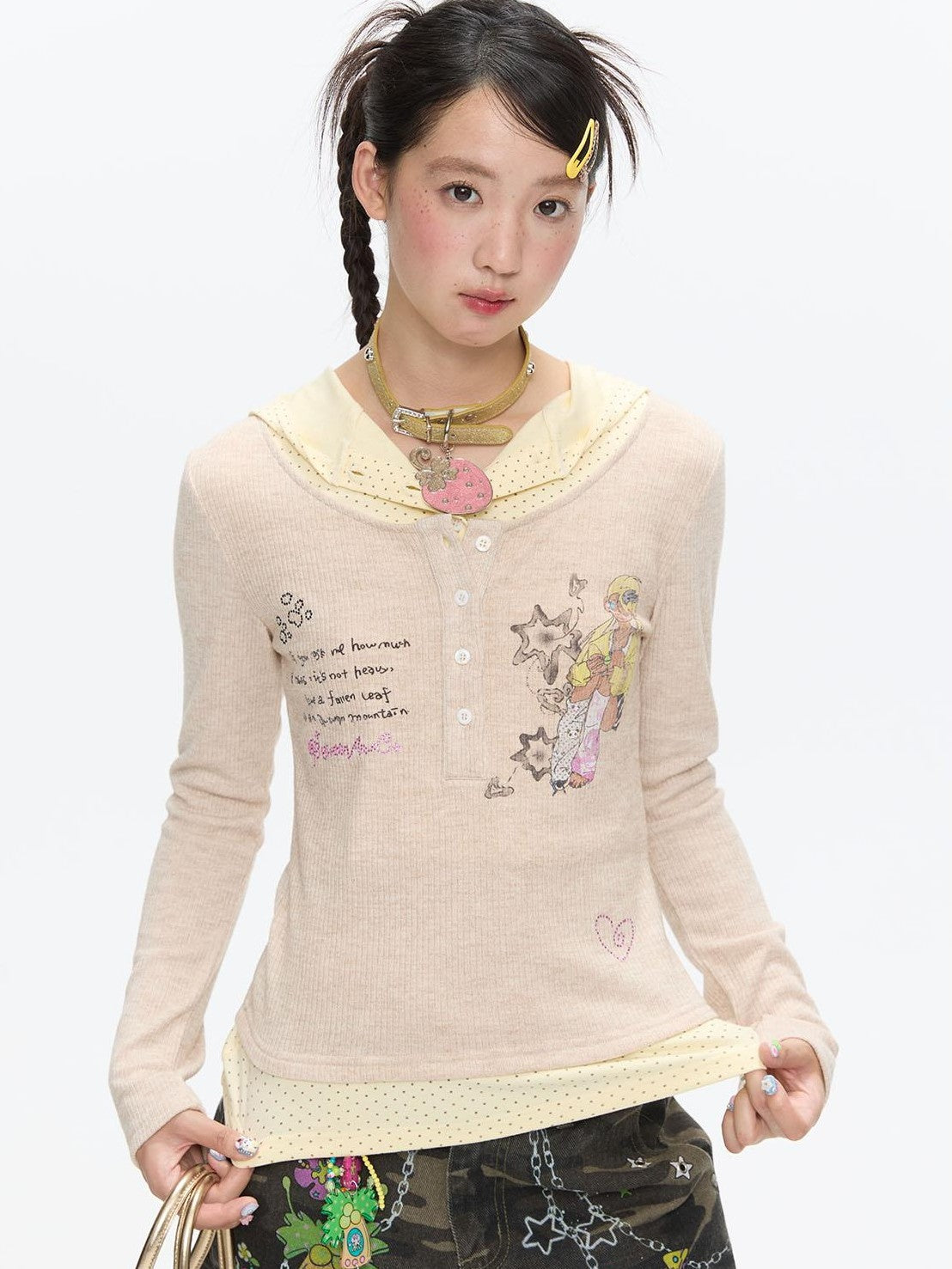 BETWEENAND Polka Dot Patchwork Hooded Layered Loose Women&