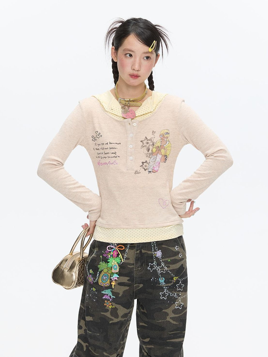 BETWEENAND Polka Dot Patchwork Hooded Layered Loose Women&
