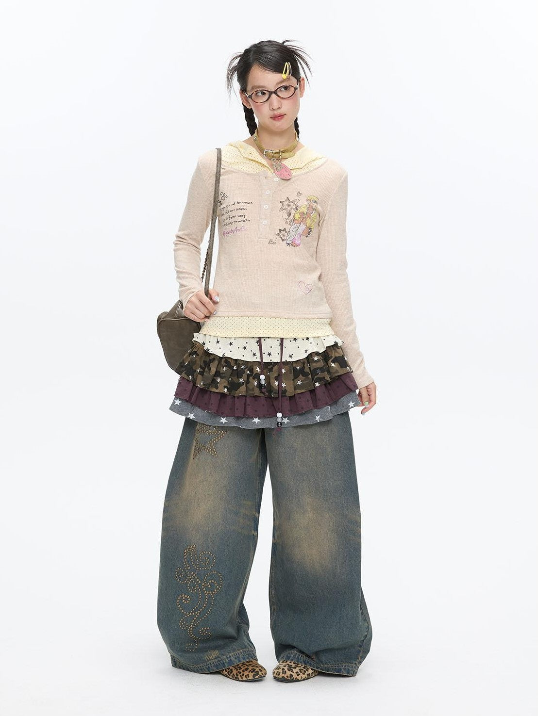 BETWEENAND Polka Dot Patchwork Hooded Layered Loose Women&