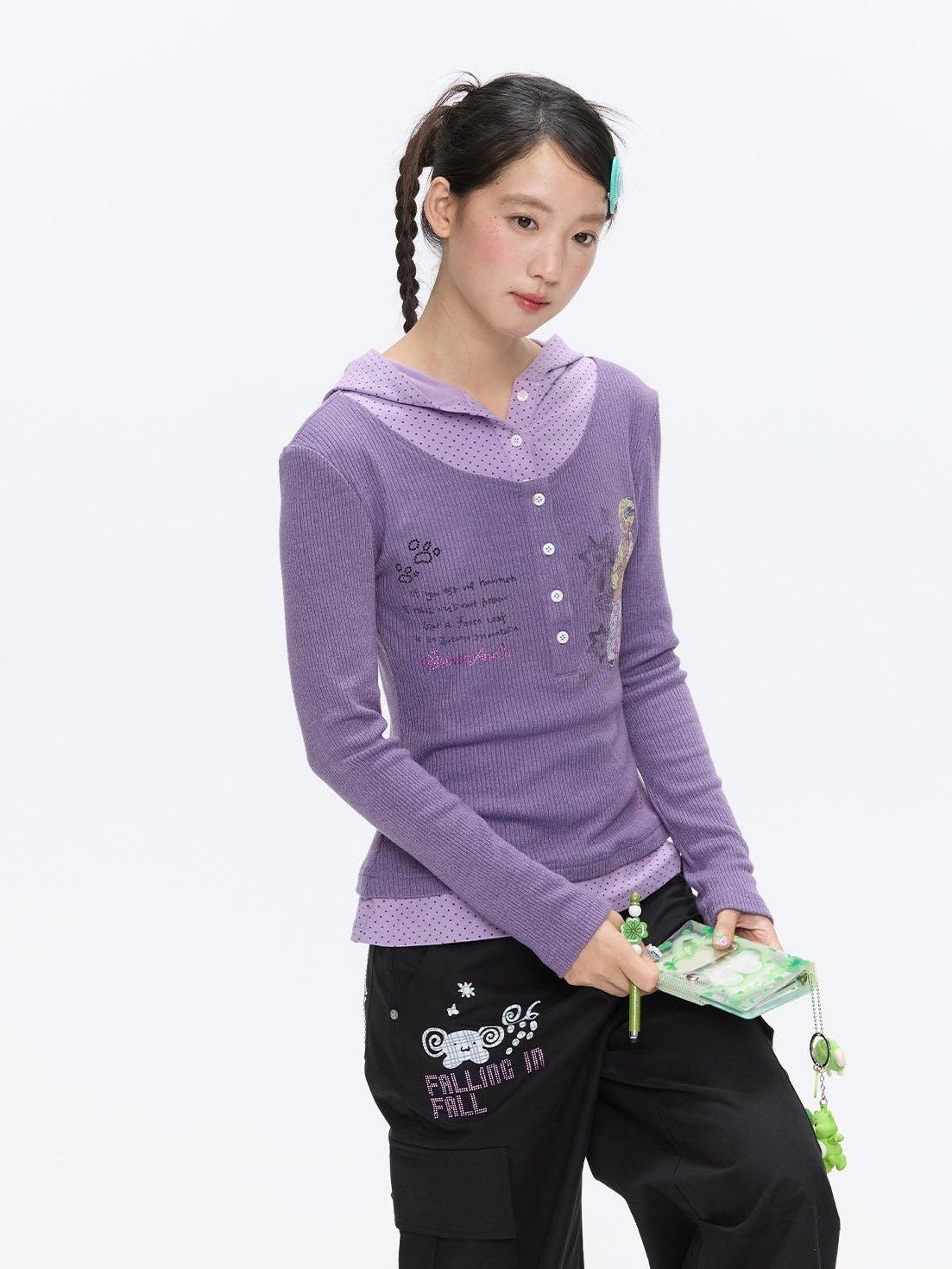 BETWEENAND Polka Dot Patchwork Hooded Layered Loose Women&