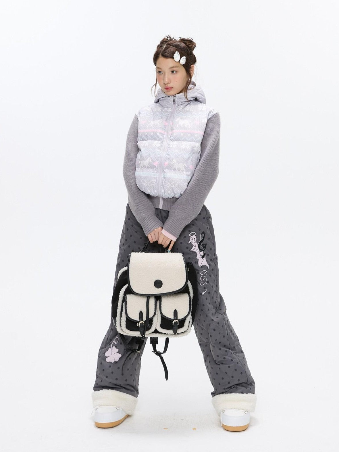 BETWEENAND Polka Dot Print Knit Hooded 90 White Duck Down Women&