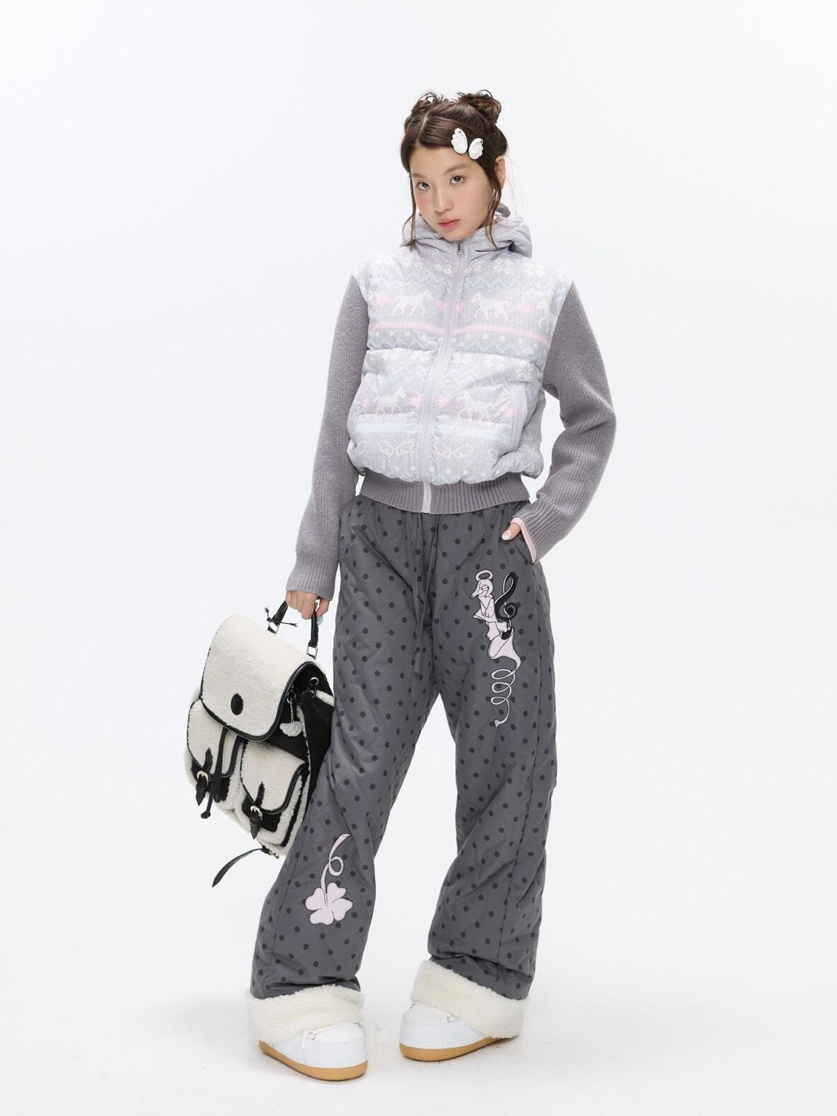 BETWEENAND Polka Dot Print Knit Hooded 90 White Duck Down Women&