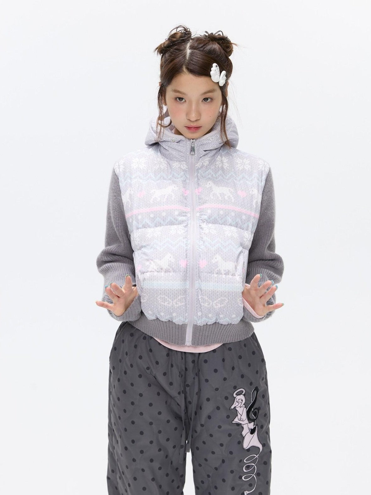 BETWEENAND Polka Dot Print Knit Hooded 90 White Duck Down Women&