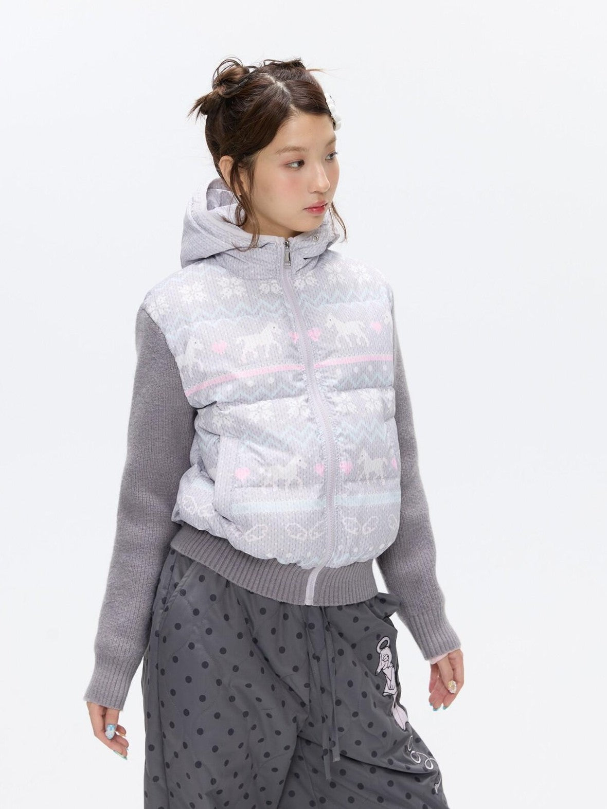 BETWEENAND Polka Dot Print Knit Hooded 90 White Duck Down Women&