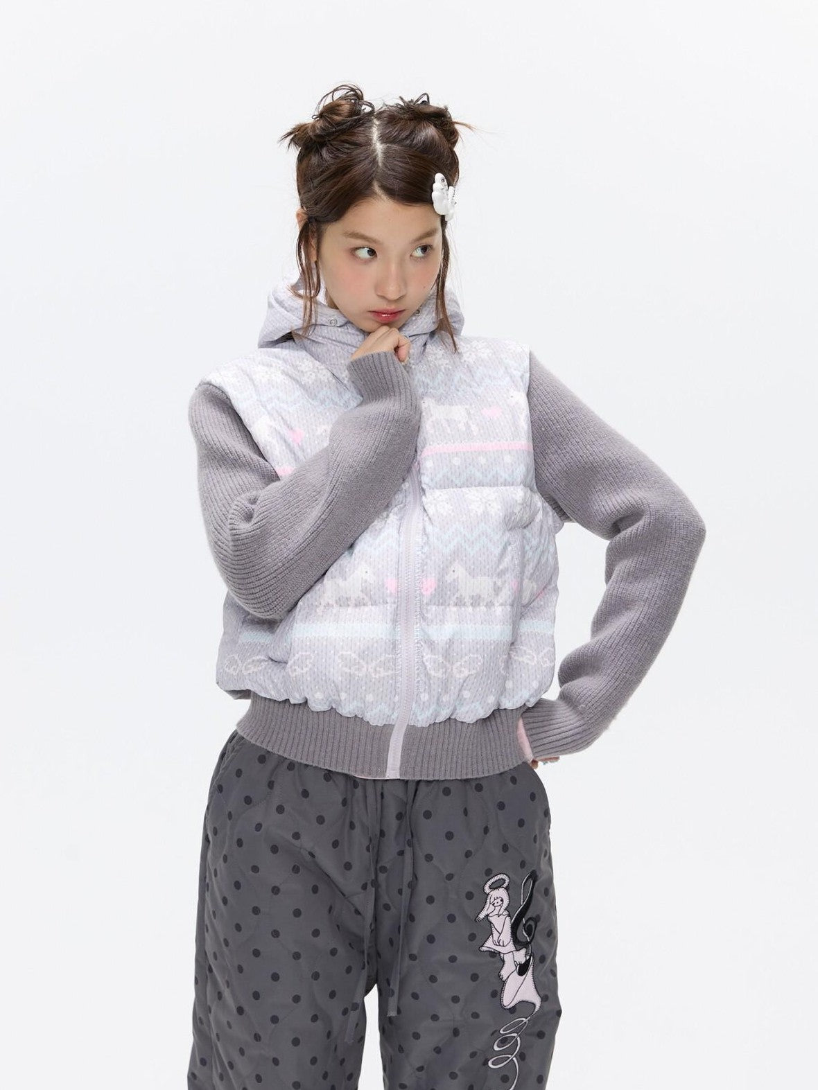 BETWEENAND Polka Dot Print Knit Hooded 90 White Duck Down Women&