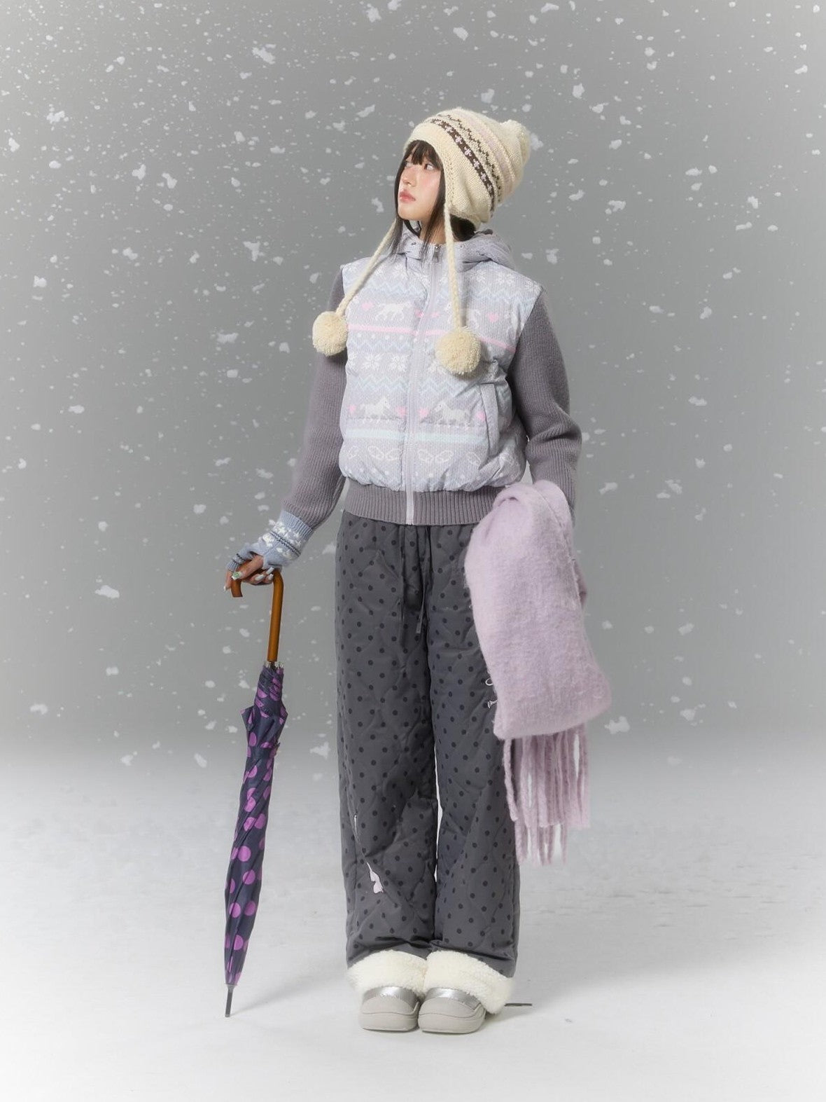 BETWEENAND Polka Dot Print Knit Hooded 90 White Duck Down Women&