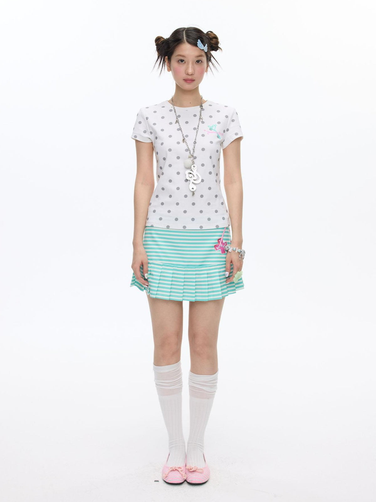 BETWEENAND Polka Dot Striped Print Short Sleeve Round Neck Women&