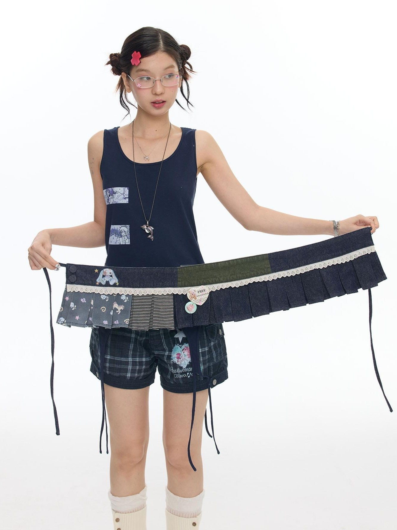 BETWEENAND Retro Blue Denim Striped Layered Hem Women&