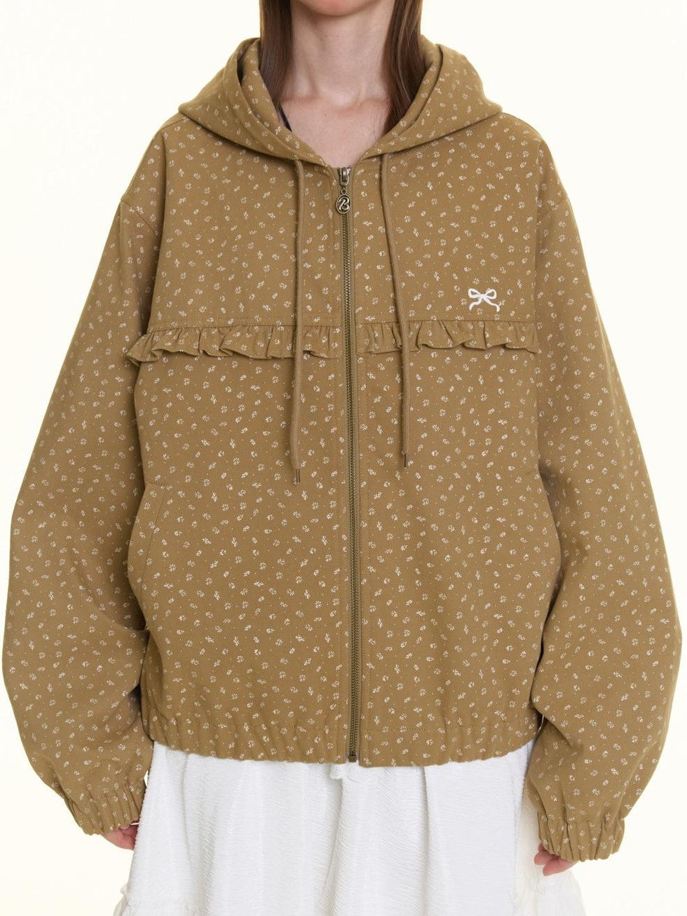 BETWEENAND Small Floral Print Ruffle Trim Hooded Women&